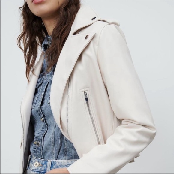 Zara Beige Faux Leather Biker Moto Jacket Sz:XS - Picture 6 of 7